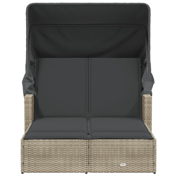 vidaXL Tv&ouml;faldur S&oacute;lbekkur me&eth; Skyggni og Sessum Lj&oacute;sgr&aacute; P&oacute;l&yacute;rattan