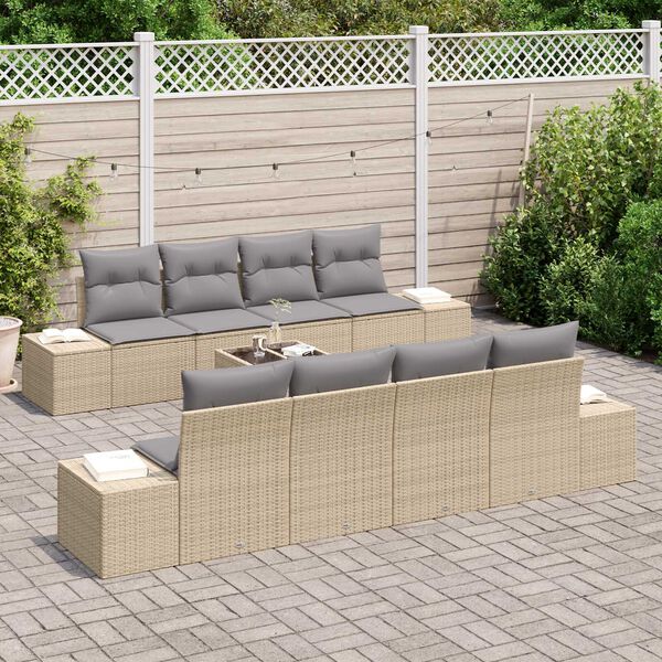 vidaXL Gar&eth;s&oacute;fa sett me&eth; p&uacute;&eth;i 7 pcs Beige og lj&oacute;sgr&aacute;r p&oacute;l&yacute;rattan