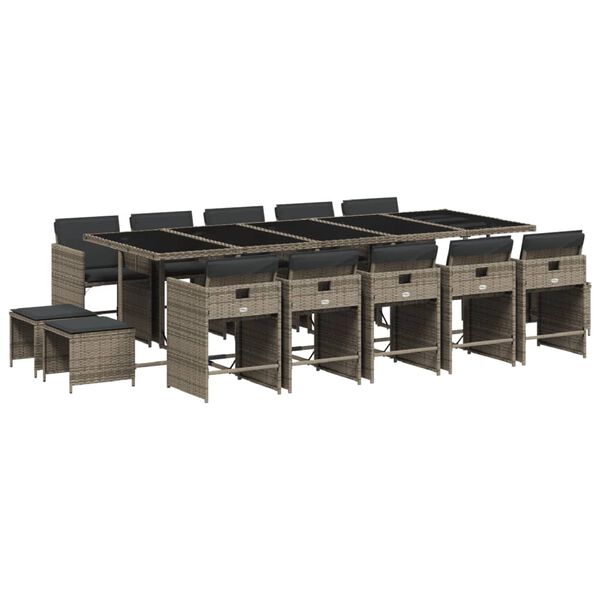 vidaXL 15 Parta Gar&eth;h&uacute;sgagnasett me&eth; Sessum P&oacute;l&yacute;rattan Gr&aacute;tt