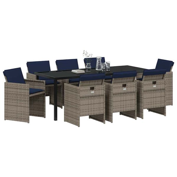 vidaXL Gar&eth;ur bor&eth;sett me&eth; p&uacute;&eth;i 9 pcs Gr&aacute;r p&oacute;l&yacute;rattan