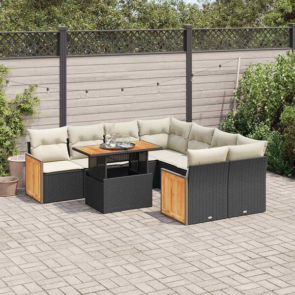 vidaXL 9 stykki gar&eth;s&oacute;fasett me&eth; p&uacute;&eth;um Black Poly Rattan Acacia