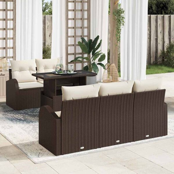 vidaXL Gar&eth;s&oacute;fa sett me&eth; p&uacute;&eth;i me&eth; kodda 6 pcs Br&uacute;nn Poly Rattan