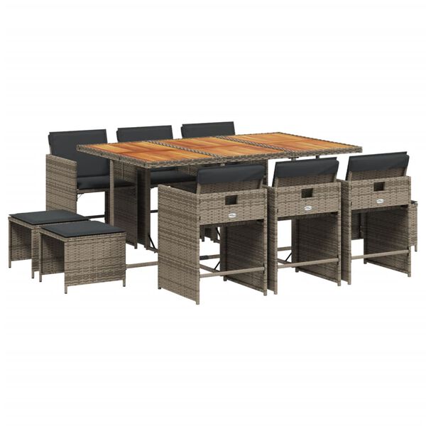 vidaXL 11 Hluta Gar&eth;h&uacute;sgagnasett me&eth; S&aelig;tisp&uacute;&eth;um P&oacute;l&yacute;rattan Gr&aacute;tt