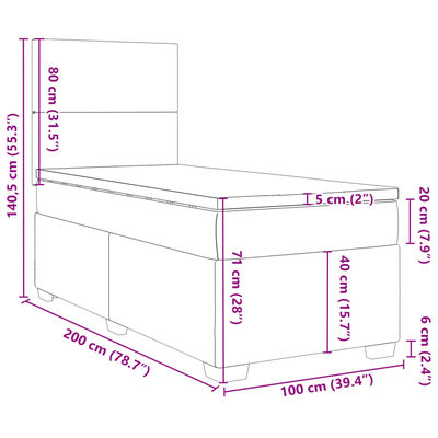 vidaXL Hólfað Springrúm með Dýnu Brúngrátt 100x200 cm Tauefni