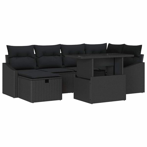 vidaXL Gar&eth;s&oacute;fa sett me&eth; p&uacute;&eth;i 7 pcs Svartur p&oacute;l&yacute;rattan