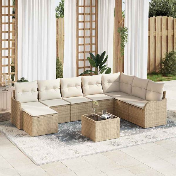 vidaXL Gar&eth;s&oacute;fa sett me&eth; p&uacute;&eth;i 9 pcs beige and white Poly rattan