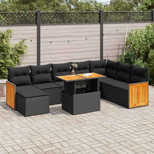 vidaXL 9 stykki gar&eth;s&oacute;fasett me&eth; p&uacute;&eth;um Black Poly Rattan Acacia