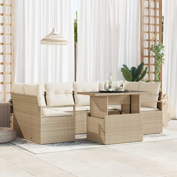 vidaXL Gar&eth;s&oacute;fa sett me&eth; geymslu 7 pcs Drapplita&eth;ur Poly rattan