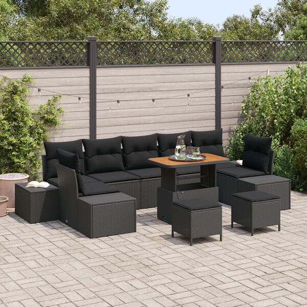 vidaXL Gar&eth;s&oacute;fa sett me&eth; p&uacute;&eth;i me&eth; geymslu 10 pcs Svartur Poly rattan