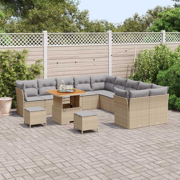 vidaXL Gar&eth;s&oacute;fa sett me&eth; p&uacute;&eth;i 13 pcs Beige og lj&oacute;sgr&aacute;r p&oacute;l&yacute;rattan