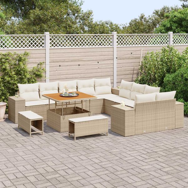 vidaXL Gar&eth;s&oacute;fa sett me&eth; p&uacute;&eth;i 13 pcs Beige og krem p&oacute;l&yacute;rattan