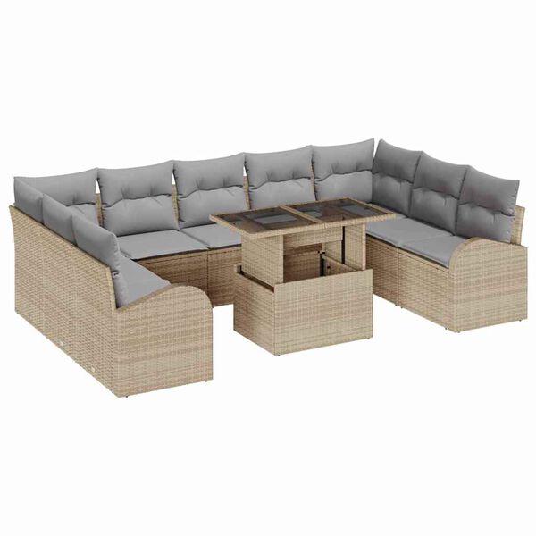vidaXL Gar&eth;s&oacute;fa sett me&eth; geymslu 10 pcs Beige og lj&oacute;sgr&aacute;r p&oacute;l&yacute;rattan