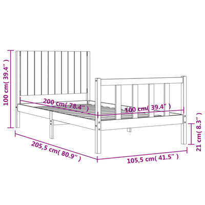 vidaXL Rúmgrind með Höfuðgafli Hvítur 100x200 cm Gegnheil viðar