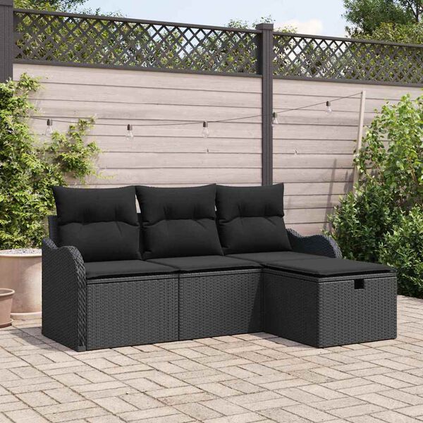 vidaXL Gar&eth;s&oacute;fa sett me&eth; p&uacute;&eth;i me&eth; geymslu 4 pcs Svartur p&oacute;l&yacute;rattan