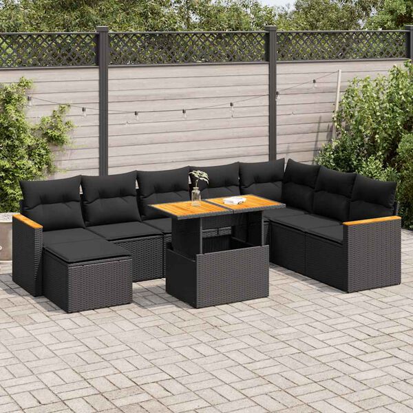 vidaXL 9 stykki gar&eth;s&oacute;fasett me&eth; p&uacute;&eth;um Black Poly Rattan Acacia