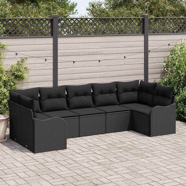 vidaXL Garðsófa sett með púði 7 pcs Svartur Poly rattan