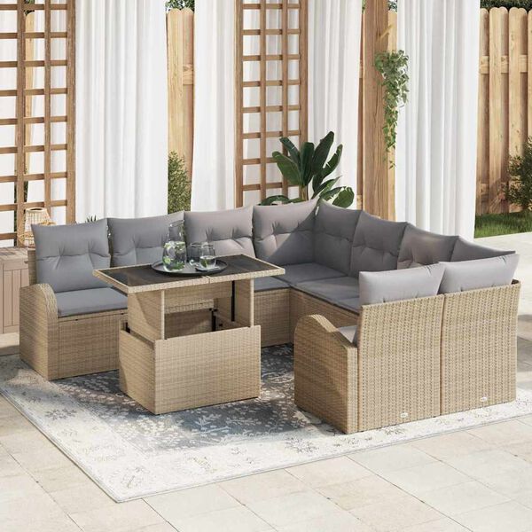 vidaXL Gar&eth;s&oacute;fa sett me&eth; p&uacute;&eth;i me&eth; kodda 9 pcs Drapplita&eth;ur Poly Rattan