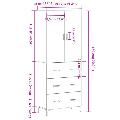 vidaXL Hár Skápur Grár Sonoma 69,5x34x180 cm Samsettur Viður