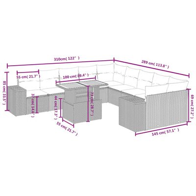 vidaXL 11 Hluta Garðsófasett með Sessum Grár Pólýrattan