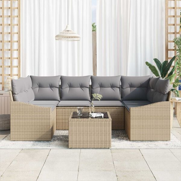 vidaXL S&oacute;fasett me&eth; p&uacute;&eth;i me&eth; geymslu 7 pcs Beige og Gr&aacute;tt p&oacute;l&yacute;rattan