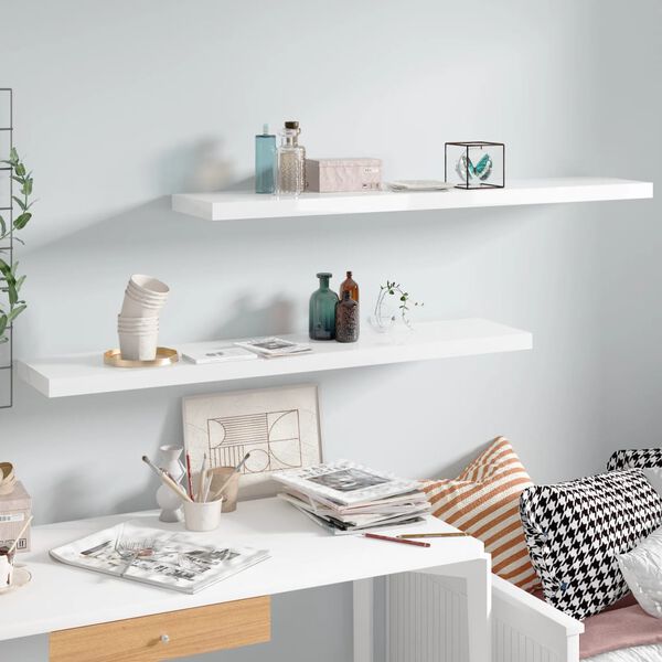 vidaXL Vegghengdar Hillur 2 stk. Háglans Hvítar 120x23,5x3,8 cm MDF