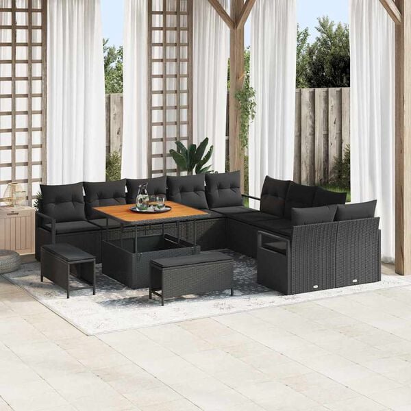 vidaXL Gar&eth;s&oacute;fa sett me&eth; p&uacute;&eth;i 13 pcs Svartur Poly rattan