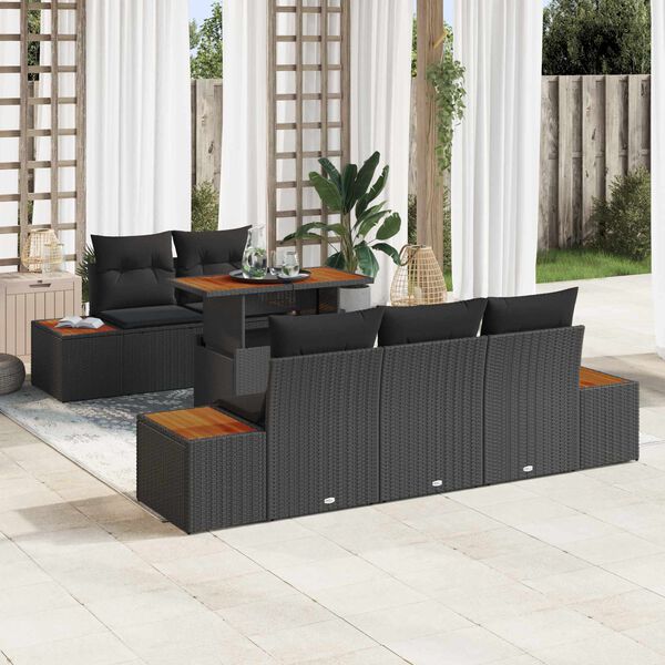 vidaXL Gar&eth;s&oacute;fa sett me&eth; geymslu 6 pcs Svartur Poly rattan