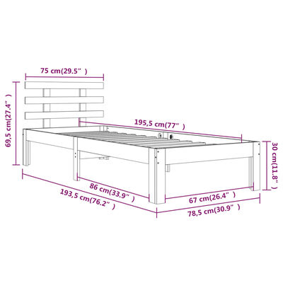 vidaXL Rúmgrind án Dýnu 75x190cm Gegnheill Viður Lítil Einbreið