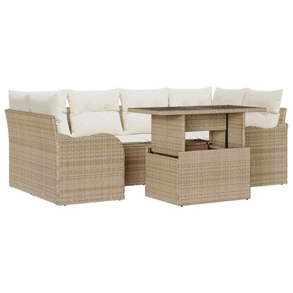 vidaXL Gar&eth;s&oacute;fa sett me&eth; p&uacute;&eth;i me&eth; kodda 7 pcs Drapplita&eth;ur Poly Rattan