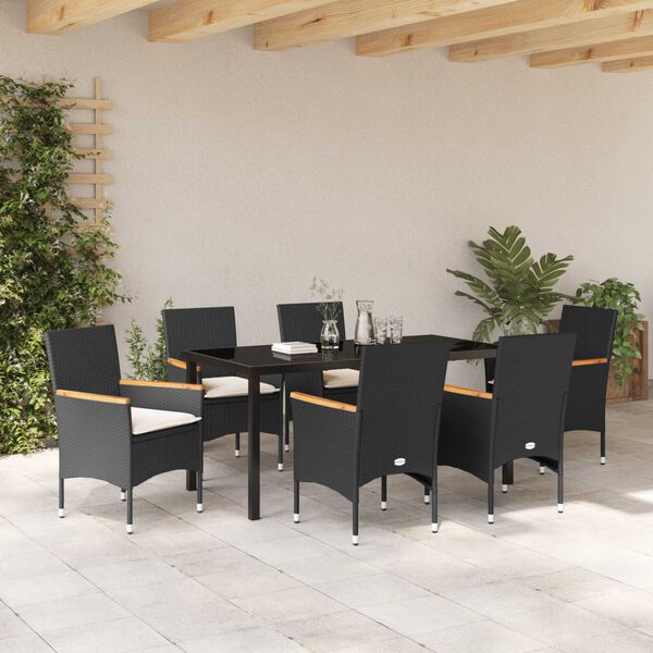 vidaXL Gar&eth;ur bor&eth;sett me&eth; p&uacute;&eth;i 7 pcs Svartur p&oacute;l&yacute;rattan