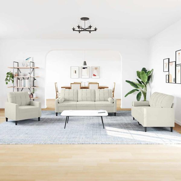 vidaXL 3 Parta Sófasett með Sessum og Bolsterum Rjómahvítt Flauel