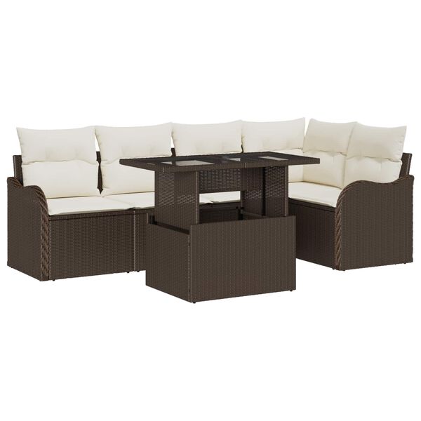 vidaXL Gar&eth;s&oacute;fa sett me&eth; p&uacute;&eth;i me&eth; kodda 6 pcs Br&uacute;nn Poly Rattan