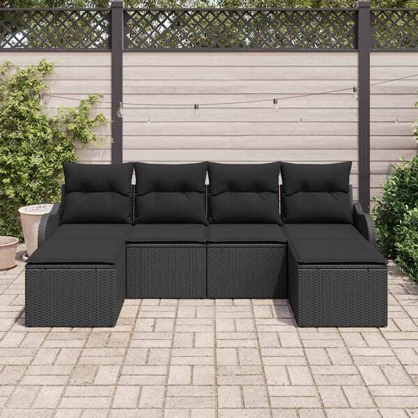 vidaXL Gar&eth;s&oacute;fa sett me&eth; p&uacute;&eth;i 6 pcs Svartur Poly rattan