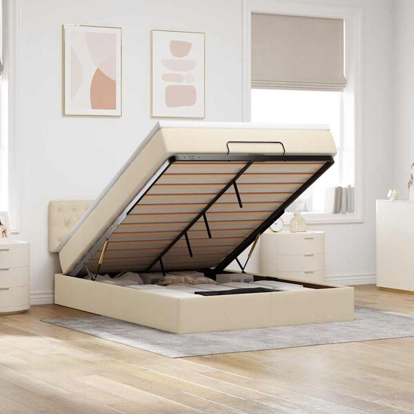 vidaXL Ottoman r&uacute;m me&eth; d&yacute;nu & LED krem 140x190 cm Efni