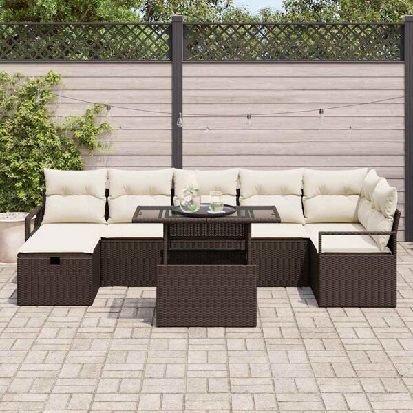 vidaXL Gar&eth;s&oacute;fa sett me&eth; p&uacute;&eth;i me&eth; geymslu 8 pcs Br&uacute;nn Poly rattan