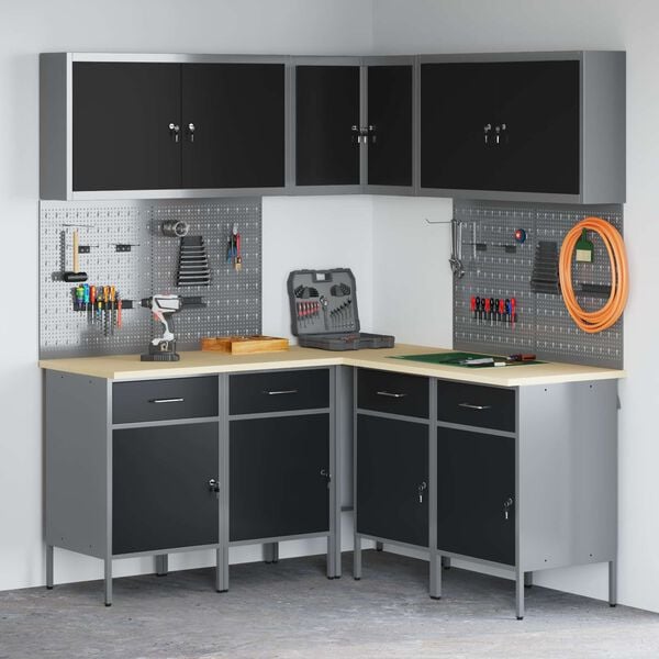 vidaXL Vinnusk&aacute;paset me&eth; sk&uacute;ffu me&eth; hillu 12 pcs Svartur og gr&aacute;r