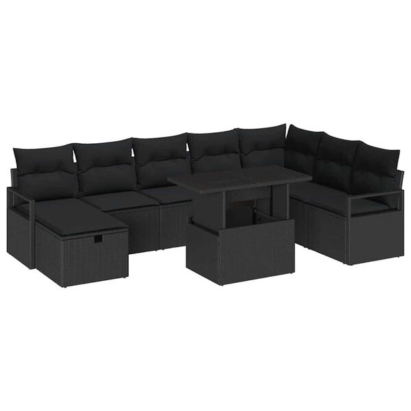 vidaXL Gar&eth;s&oacute;fa sett me&eth; p&uacute;&eth;i me&eth; geymslu 9 pcs Svartur Poly rattan