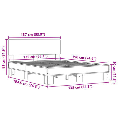 vidaXL Rúmgrind Sonoma Eikarlitur 135x190 cm Samsettur Viður og Málmur