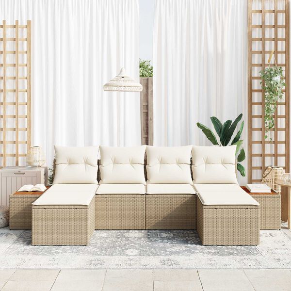 vidaXL Gar&eth;s&oacute;fa sett me&eth; p&uacute;&eth;i 6 pcs Beige og krem Poly Rattan