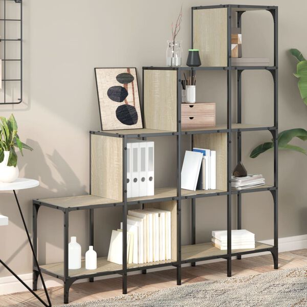 vidaXL B&oacute;kahilla Sonoma Eik 122x30x132 cm Samsettur Vi&eth;ur og M&aacute;lmur