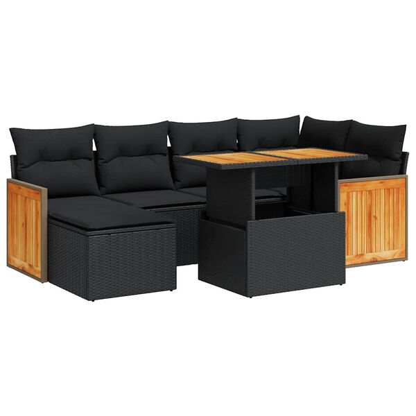 vidaXL 7 stykki gar&eth;s&oacute;fasett me&eth; p&uacute;&eth;um Black Poly Rattan Acacia