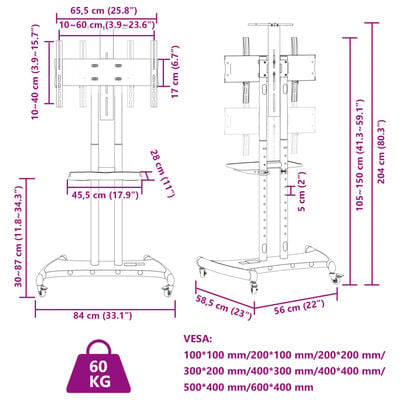 vidaXL Sjónvarpsstandur á Hjólum 32-70" Skjár Hám VESA 600x400 mm 60kg