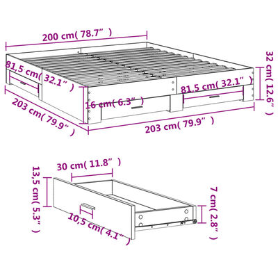 vidaXL Rúmgrind með Skúffum án Dýnu Reyktóna Eikarlitur 200x200 cm