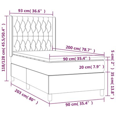 vidaXL Hólfað Springrúm með Dýnu&LED Dökkblátt 90x200 cm Flauel