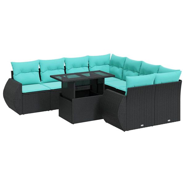 vidaXL 9 stykki gar&eth;s&oacute;fasett me&eth; p&uacute;&eth;um Black Poly Rattan Acacia