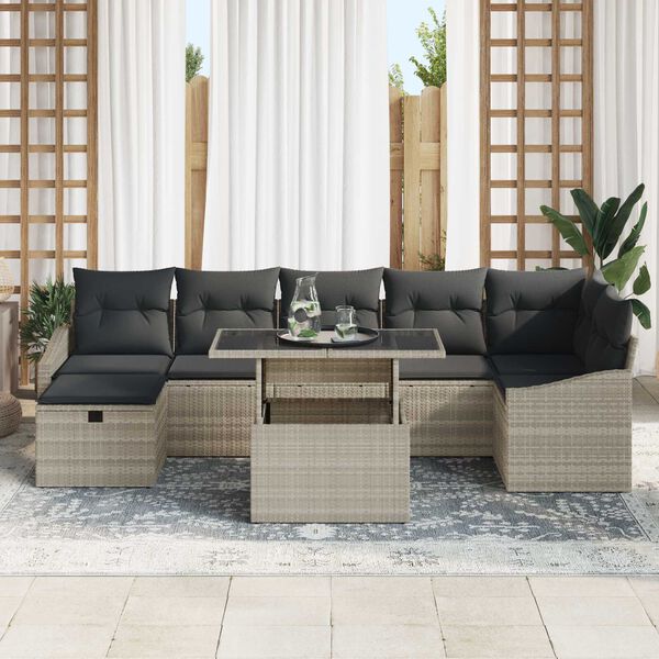 vidaXL Gar&eth;s&oacute;fa sett me&eth; p&uacute;&eth;i me&eth; geymslu 8 pcs Lj&oacute;sgr&aacute;tt Poly rattan