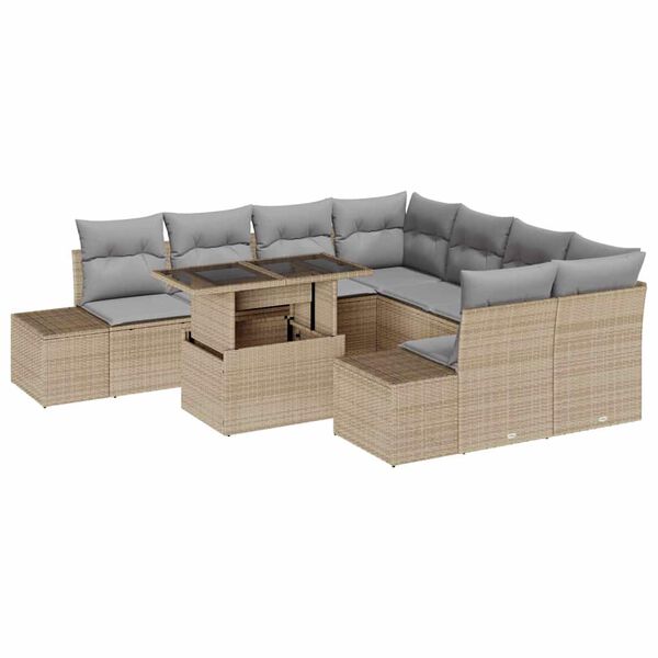vidaXL S&oacute;fasett me&eth; p&uacute;&eth;i 9 pcs Beige og lj&oacute;sgr&aacute;r p&oacute;l&yacute;rattan