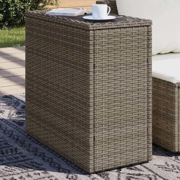 vidaXL Garðborð með Glerplötu Grátt 58x27,5x55 cm Pólýrattan