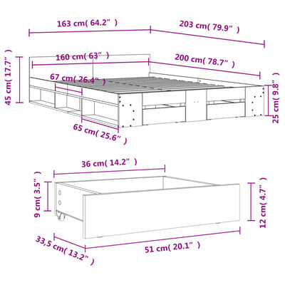 vidaXL Rúmgrind með Skúffum án Dýnu Gráir Sonoma Eik 160x200 cm