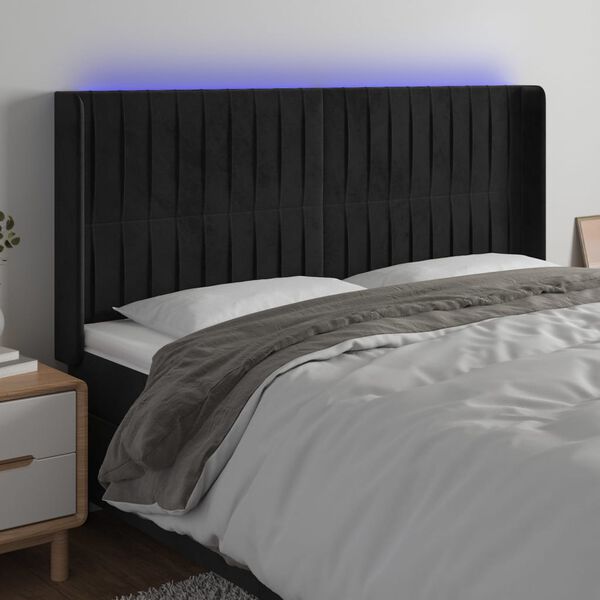 vidaXL LED h&ouml;fu&eth;gafl Svart 203x16x118/128 cm Flauel